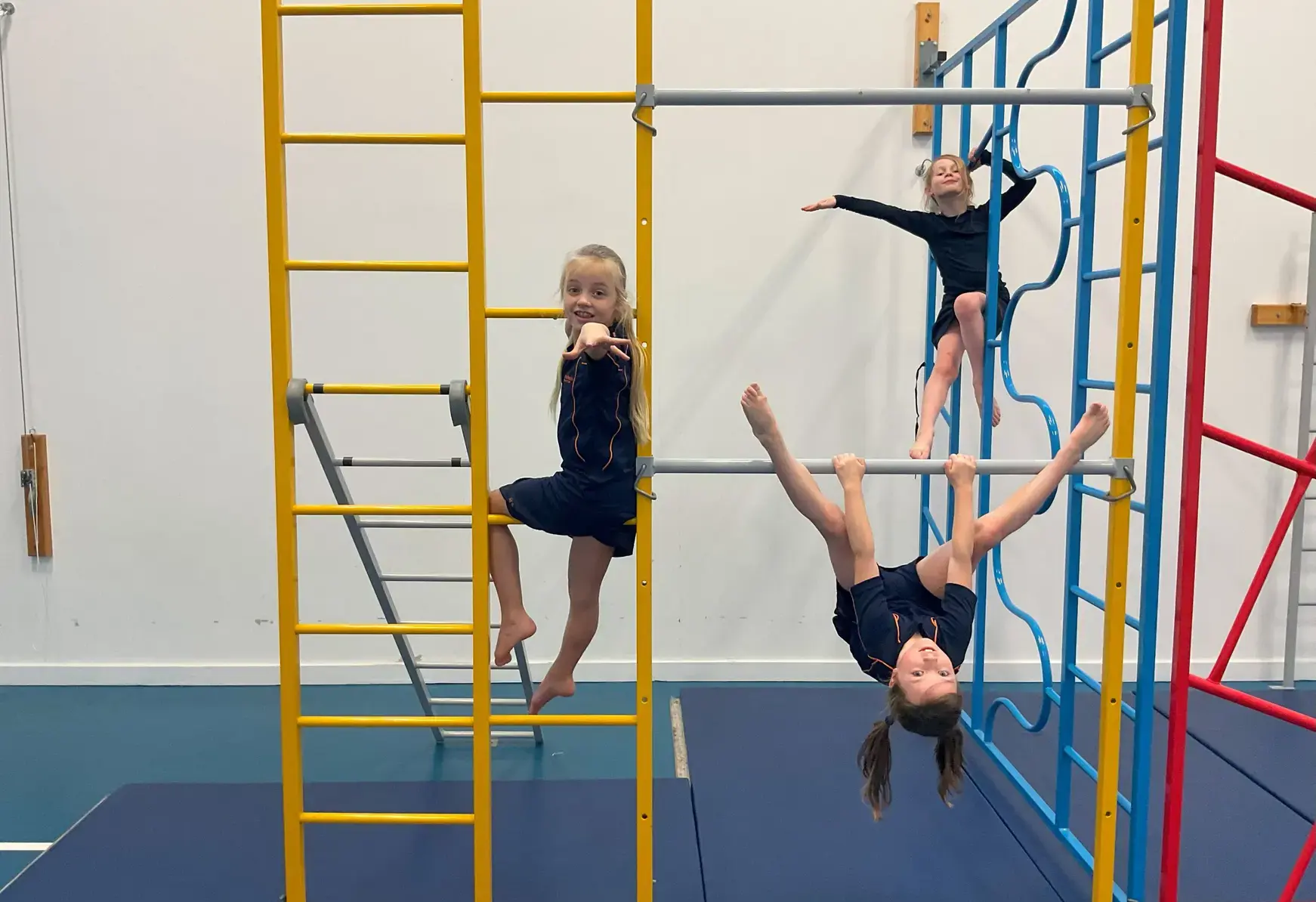 Student gymnasts posing on equipment